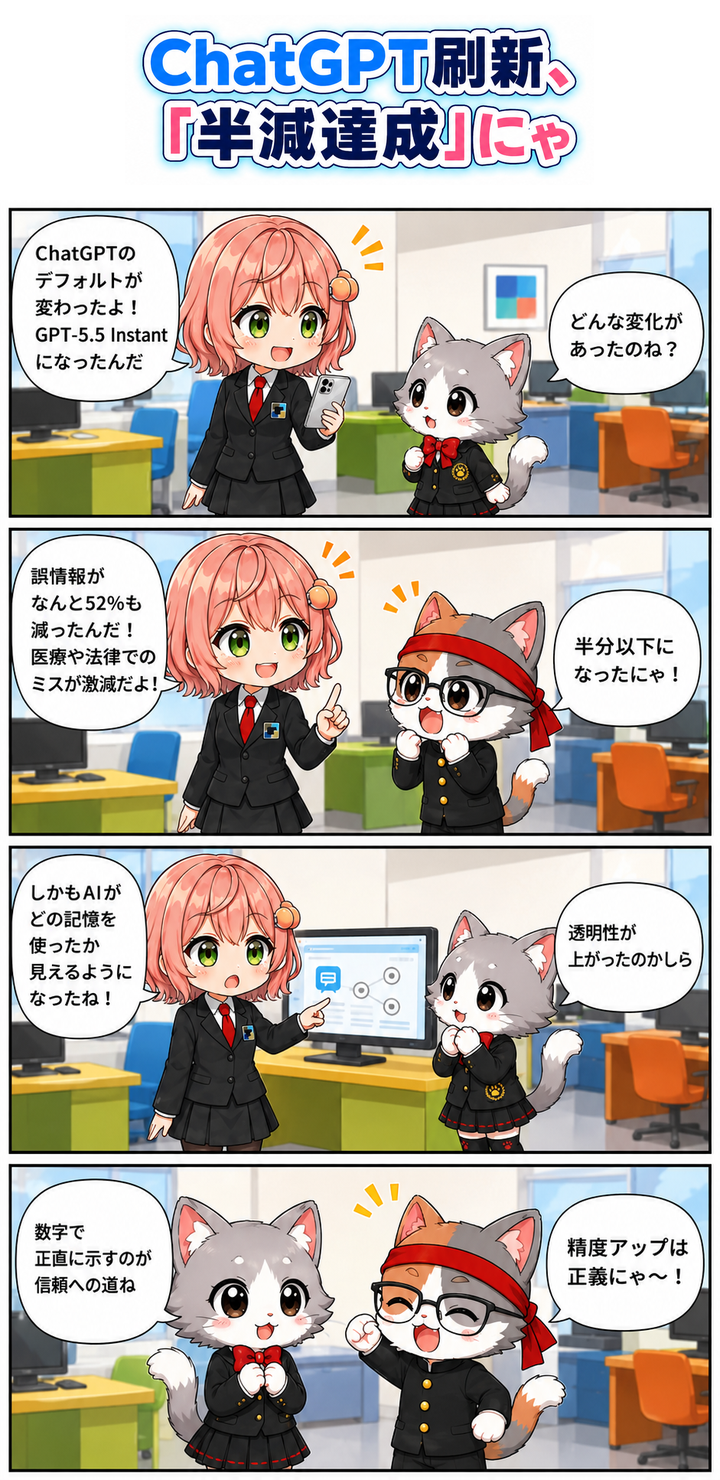 AIブログ4コマ漫画 - GPT-5.5 Instantが誤情報を52%削減、ChatGPTの標準モデルに