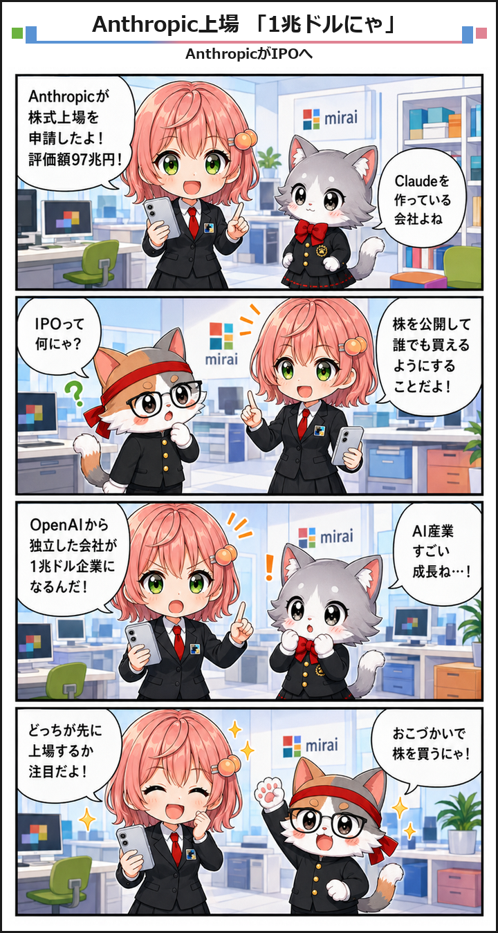 AIブログ4コマ漫画 - Anthropicが株式上場へ、AI企業の1兆ドルIPO競争が始まる