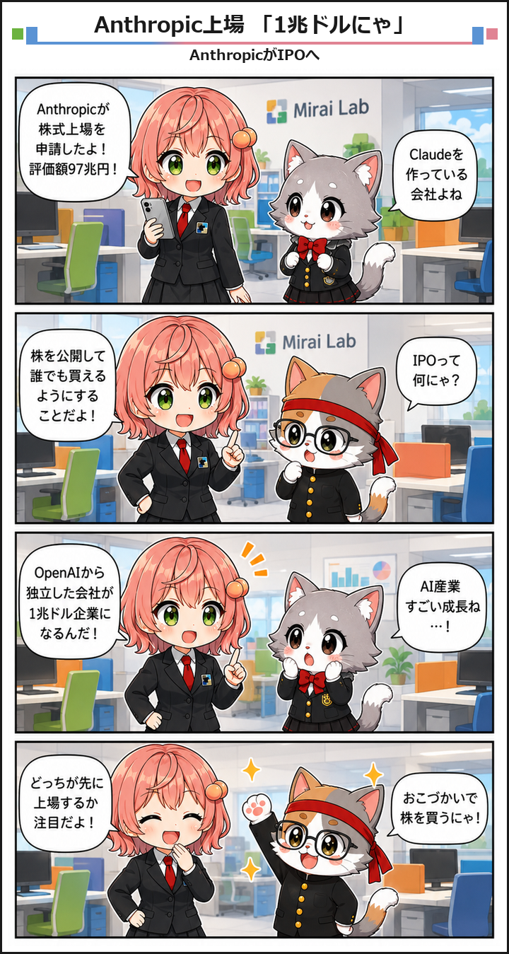 AIブログ4コマ漫画 - Anthropicが株式上場へ、AI企業の1兆ドルIPO競争が始まる