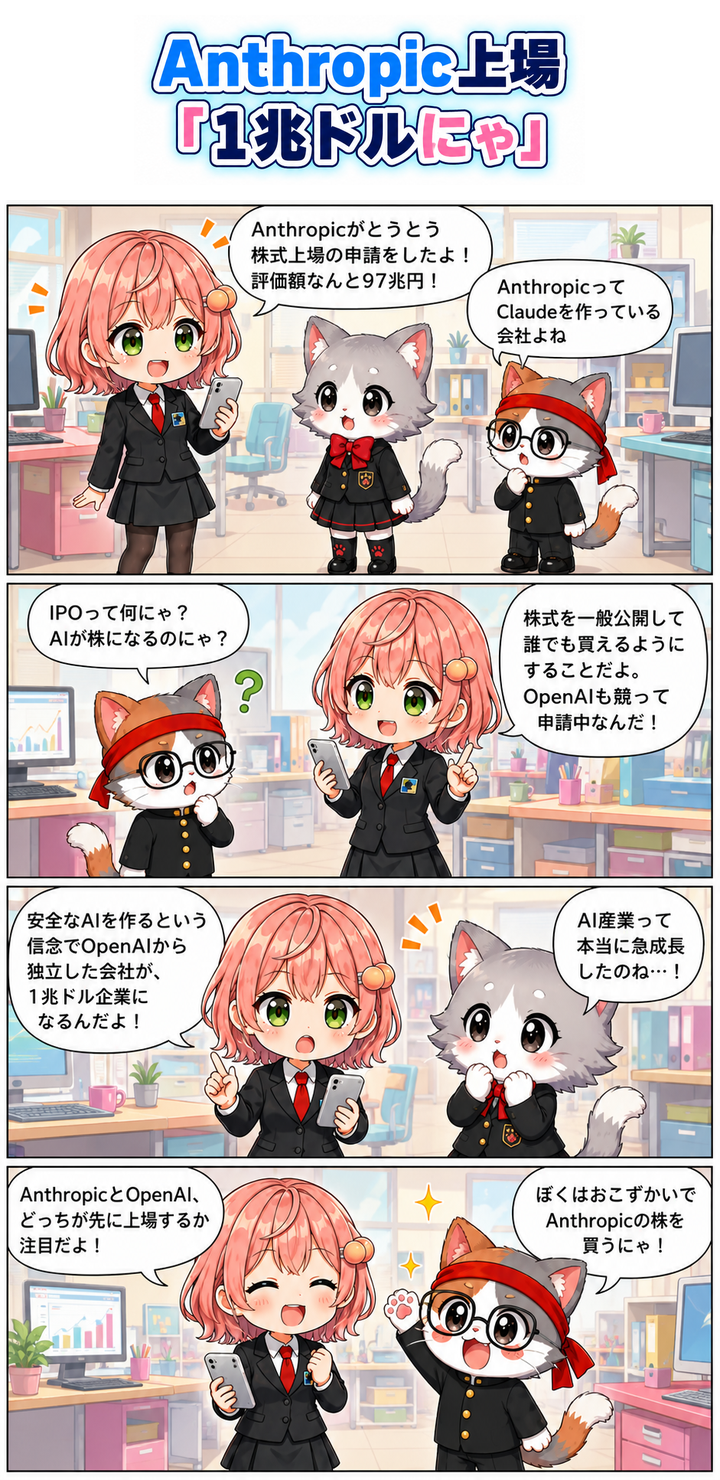 AIブログ4コマ漫画 - Anthropicが株式上場へ、AI企業の1兆ドルIPO競争が始まる