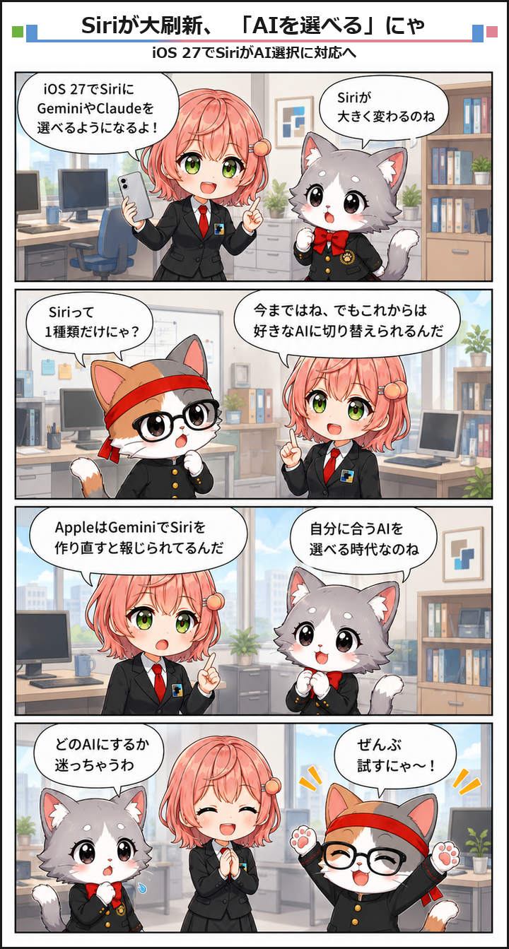 AIブログ4コマ漫画 - iOS 27でSiriにClaudeやGeminiを選べる時代へ
