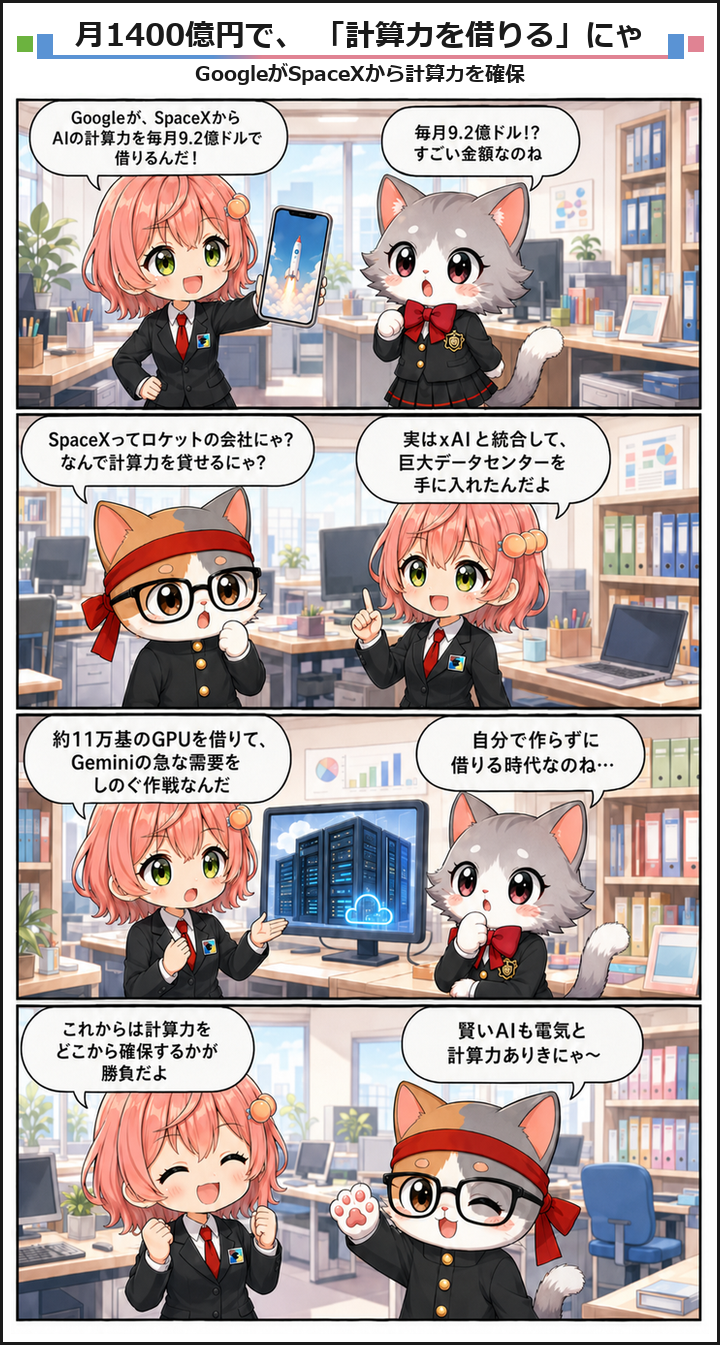 AIブログ4コマ漫画 - GoogleがSpaceXに月9.2億ドル払いAI計算力を確保