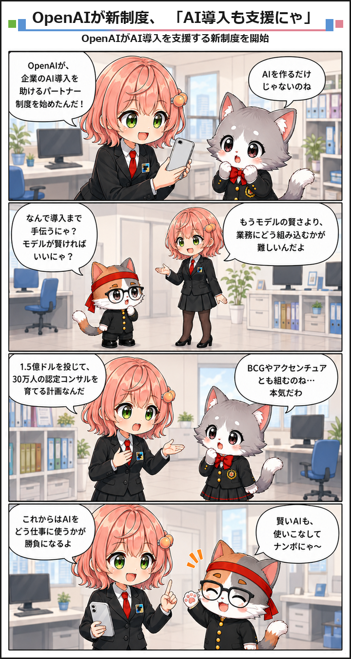 AIブログ4コマ漫画 - OpenAIがパートナー網を始動、企業のAI導入を加速させる