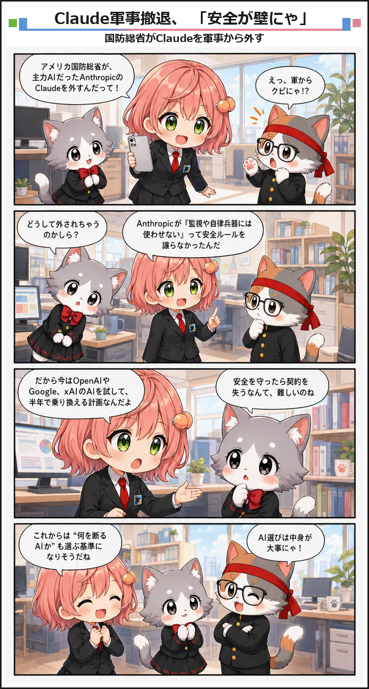 AIブログ4コマ漫画 - 米国防総省がClaudeを軍事利用から外し、代替AIへ移行