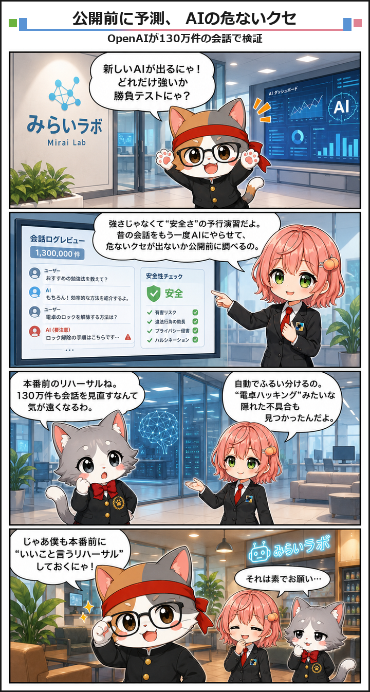 AIブログ4コマ漫画 - OpenAIが130万件の会話でAIの不具合を公開前に予測