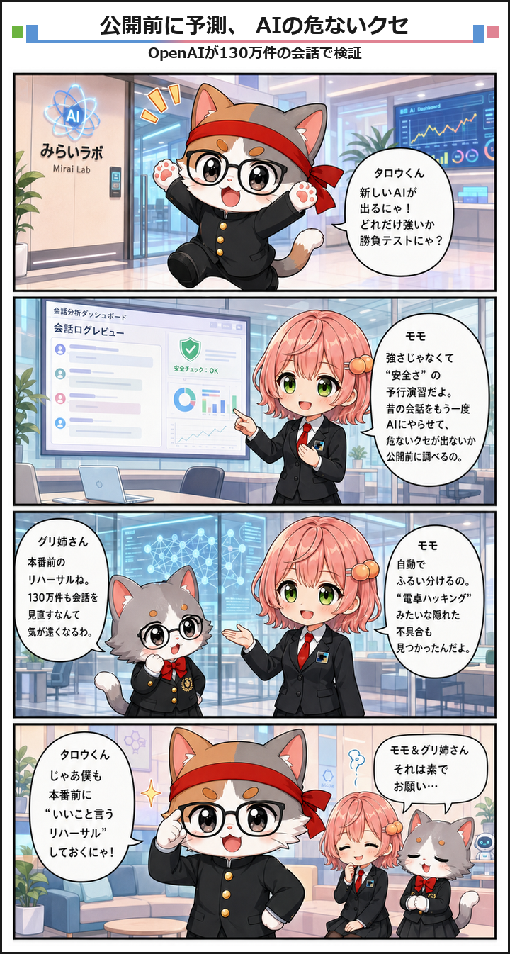 AIブログ4コマ漫画 - OpenAIが130万件の会話でAIの不具合を公開前に予測