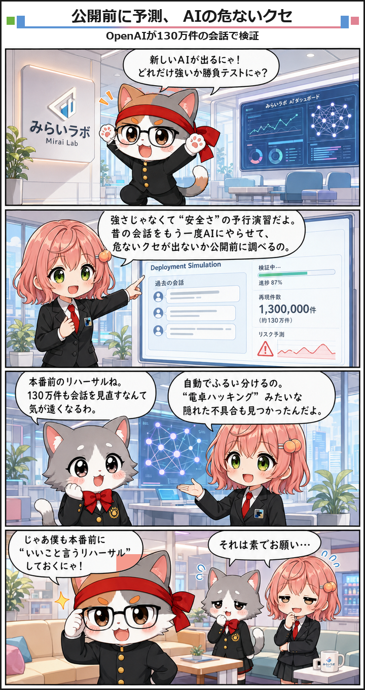 AIブログ4コマ漫画 - OpenAIが130万件の会話でAIの不具合を公開前に予測