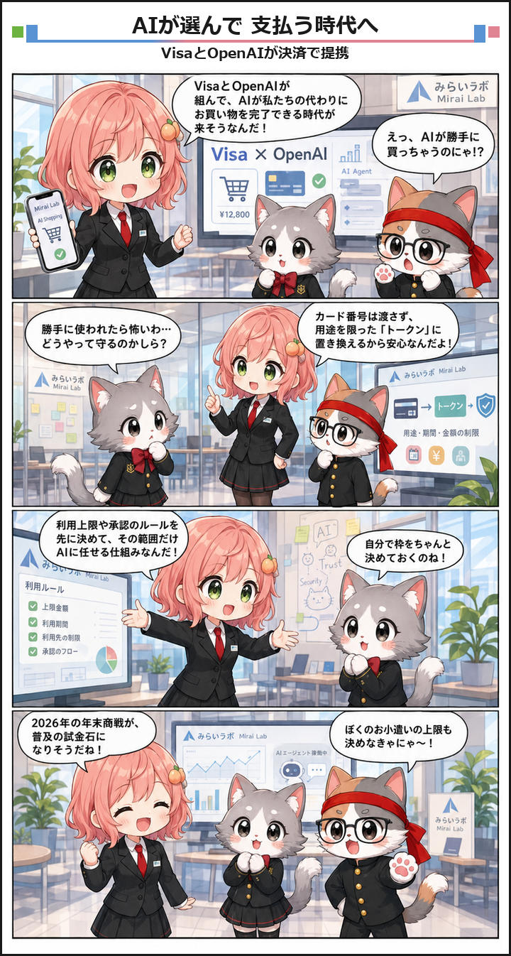 AIブログ4コマ漫画 - VisaとOpenAIが提携、AIエージェントが決済を担う時代へ