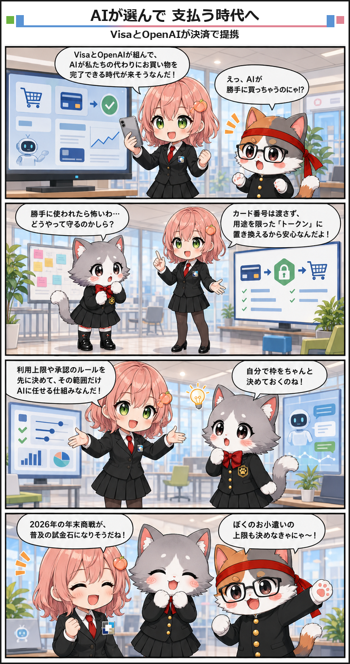 AIブログ4コマ漫画 - VisaとOpenAIが提携、AIエージェントが決済を担う時代へ