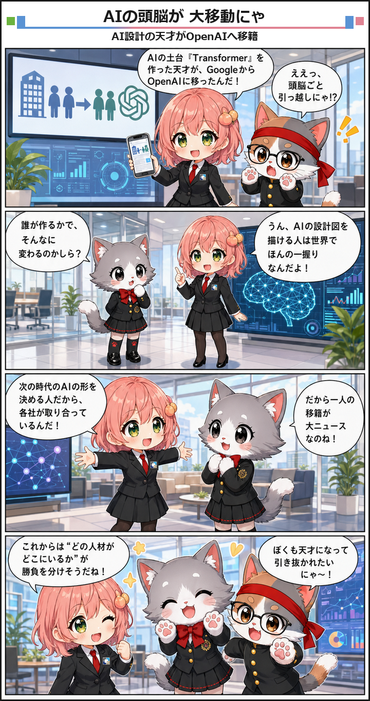 AIブログ4コマ漫画 - Transformer考案者がOpenAIへ、Google人材流出が加速