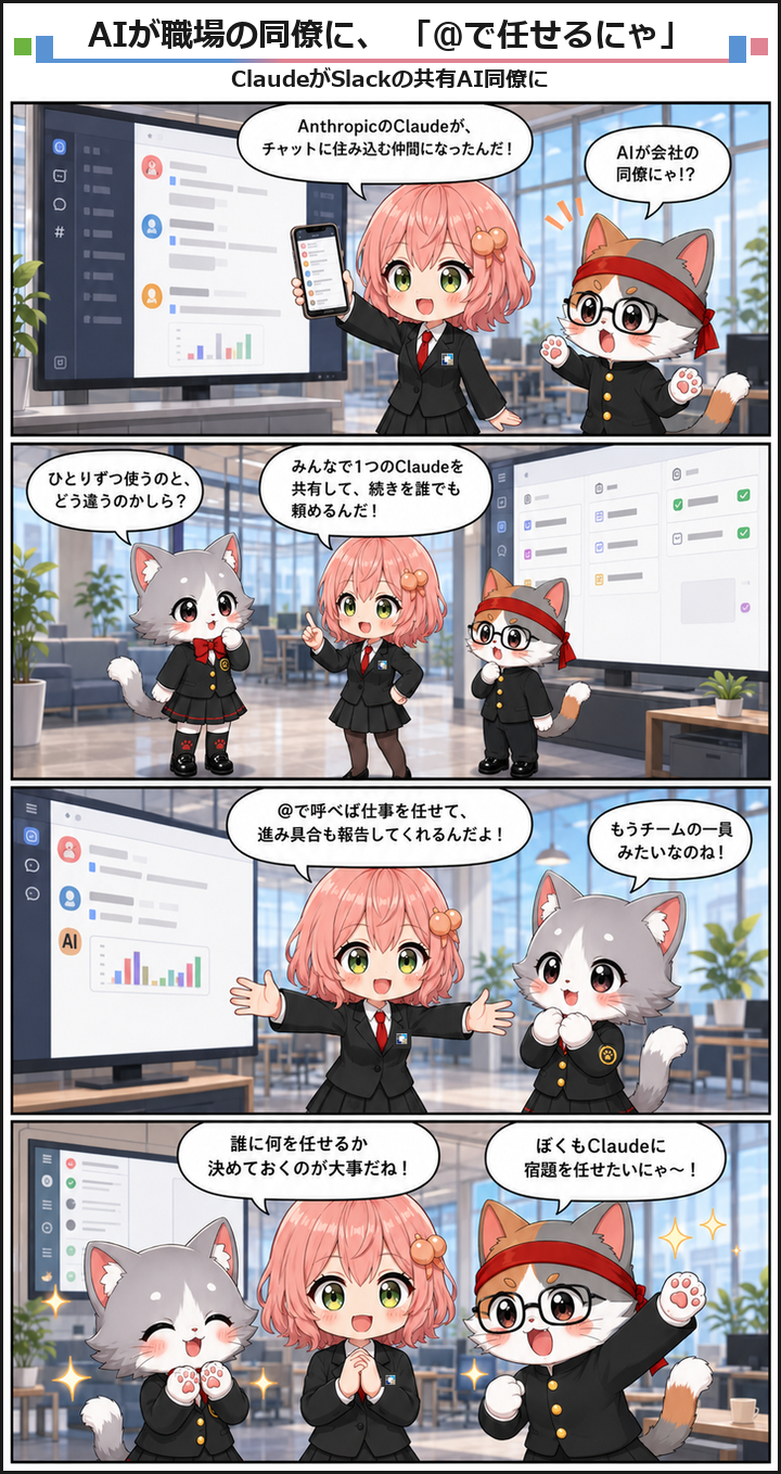 AIブログ4コマ漫画 - AnthropicがClaudeをSlack常駐の共有AI同僚にする