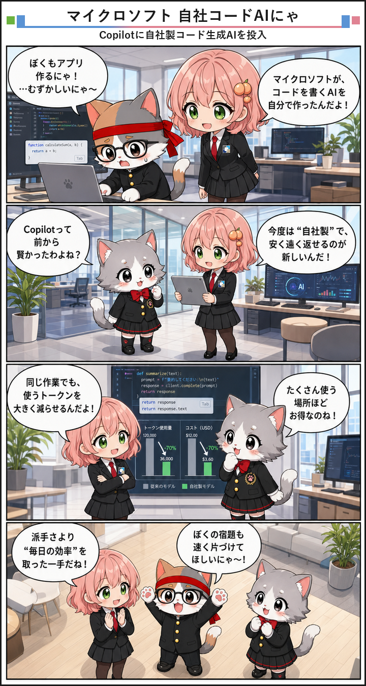 AIブログ4コマ漫画 - マイクロソフトが自社製コード生成AIをCopilotに投入