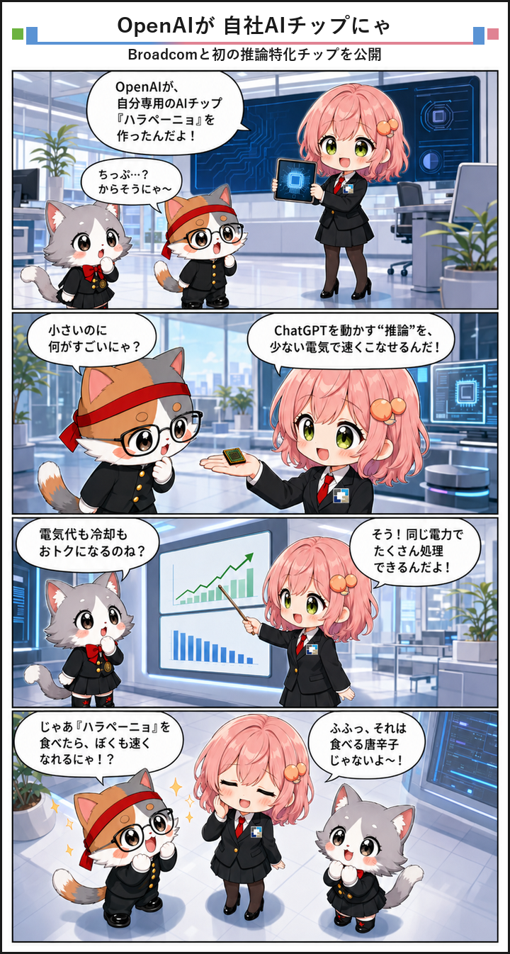 AIブログ4コマ漫画 - OpenAIが初の自社AIチップを公開、推論の電力効率を大幅改善