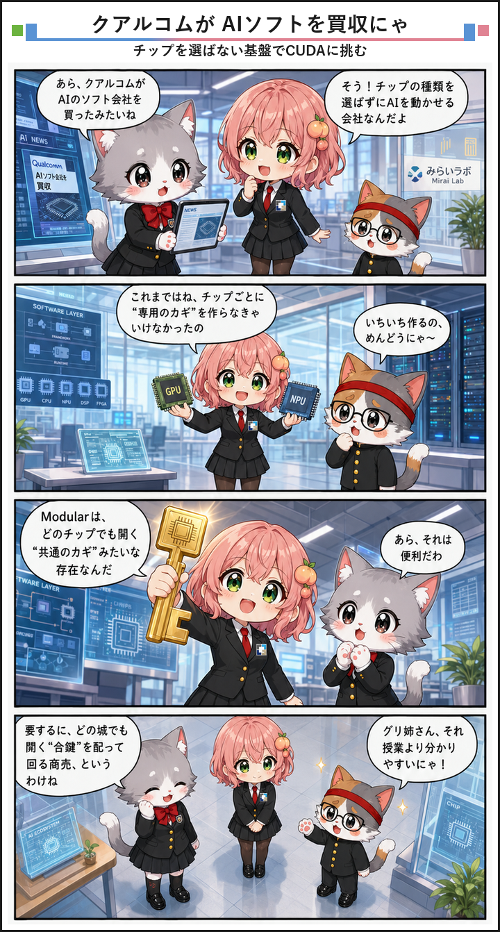 AIブログ4コマ漫画 - クアルコムがAIソフト企業Modularを約40億ドルで買収
