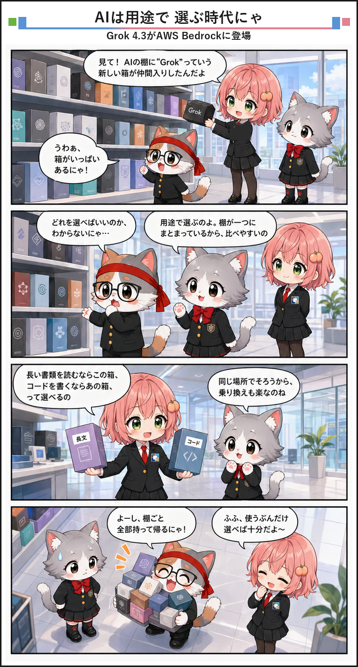 AIブログ4コマ漫画 - Grok 4.3がAWS Bedrockに登場、AIモデル選択が広がる