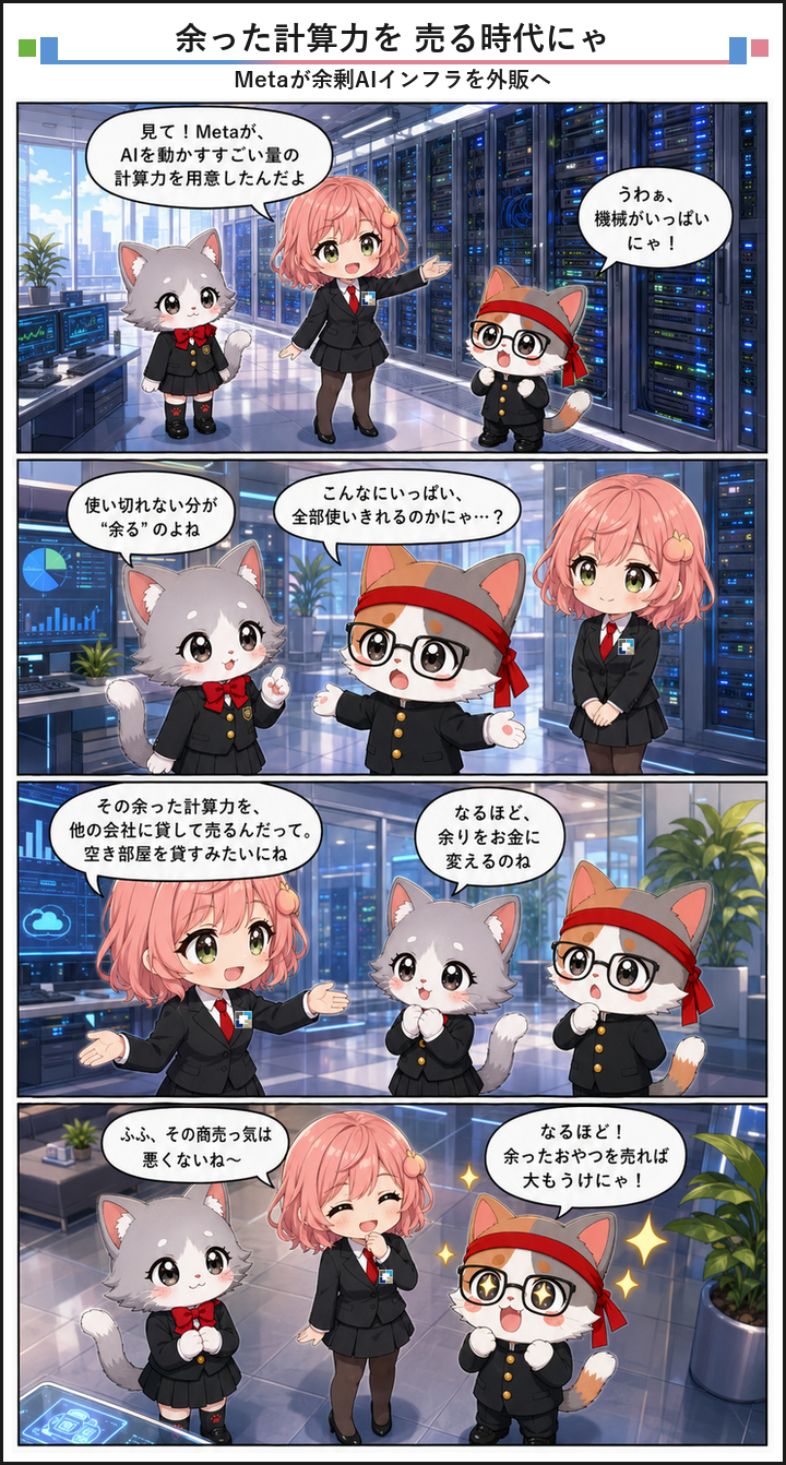 AIブログ4コマ漫画 - Metaが余剰AI計算力を外販、クラウド市場に本格参入へ
