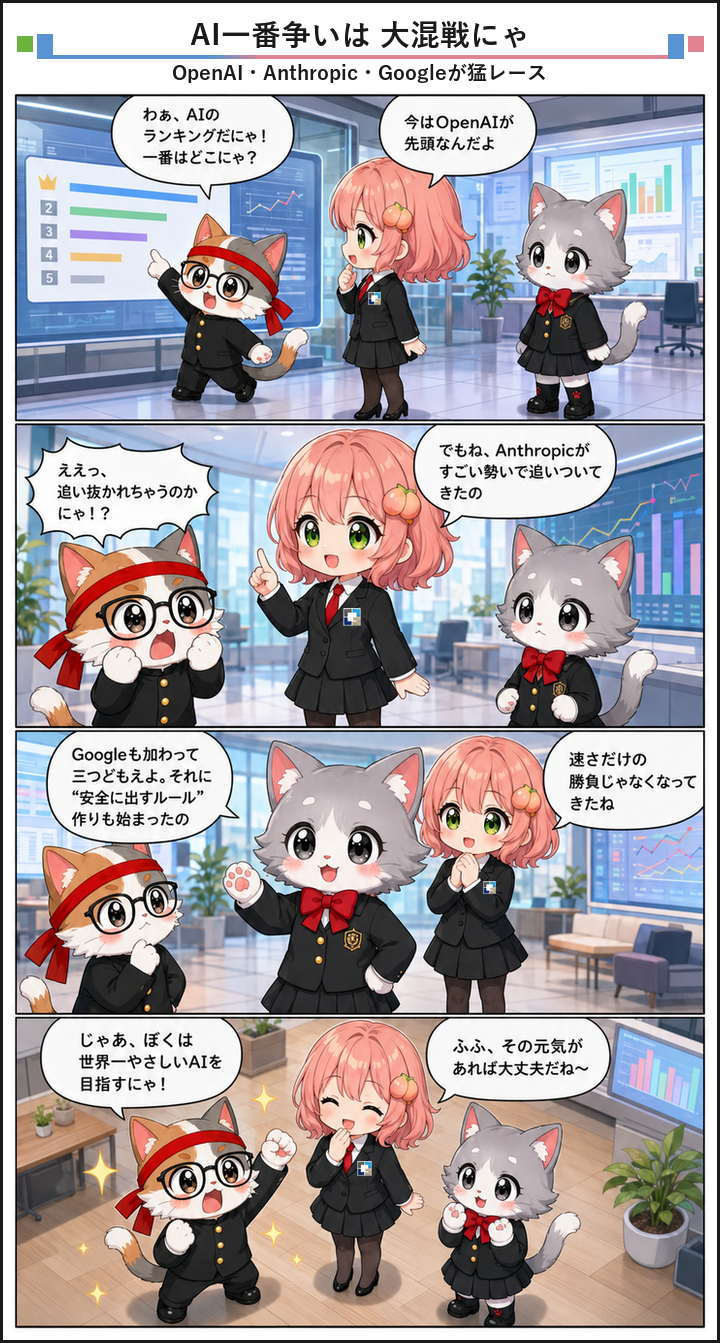 AIブログ4コマ漫画 - OpenAIの一強が揺らぐ、AnthropicがAI競争で猛追