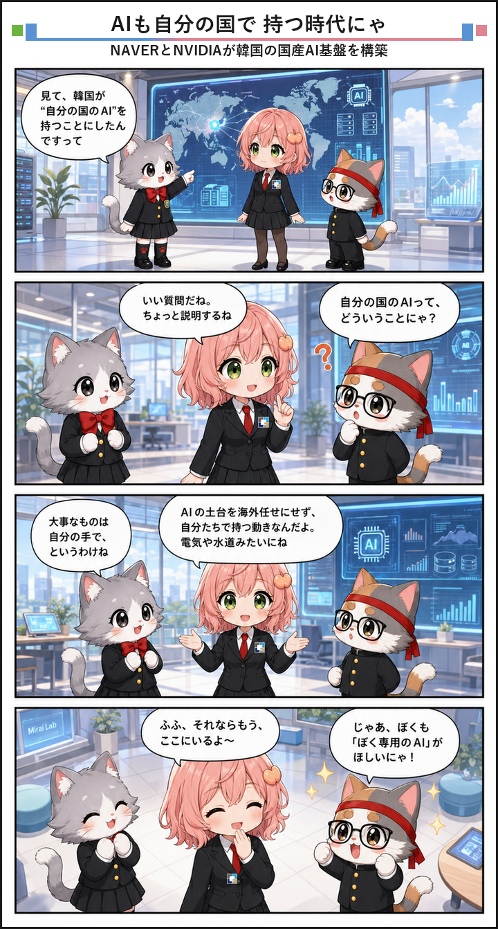 AIブログ4コマ漫画 - NAVERがNVIDIAと国産AI基盤を構築、韓国のAI主権へ
