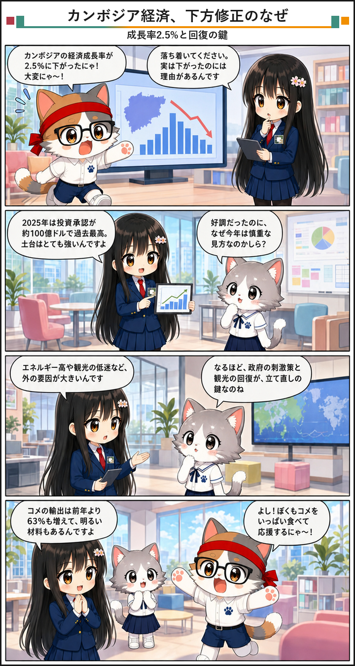 カンボジア4コマ漫画 - カンボジア、2026年の経済成長見通しを2.5%へ下方修正