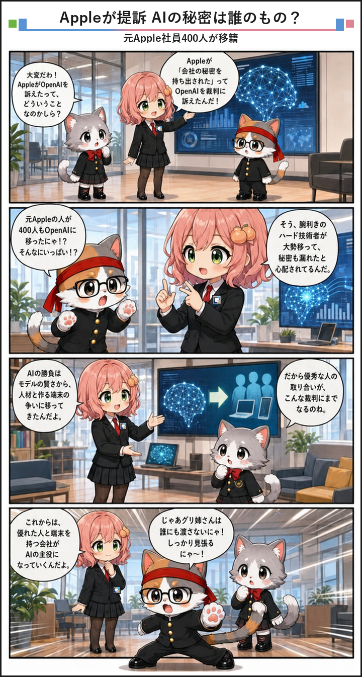 AIブログ4コマ漫画 - AppleがOpenAIを提訴、元社員400人引き抜きで営業秘密流出