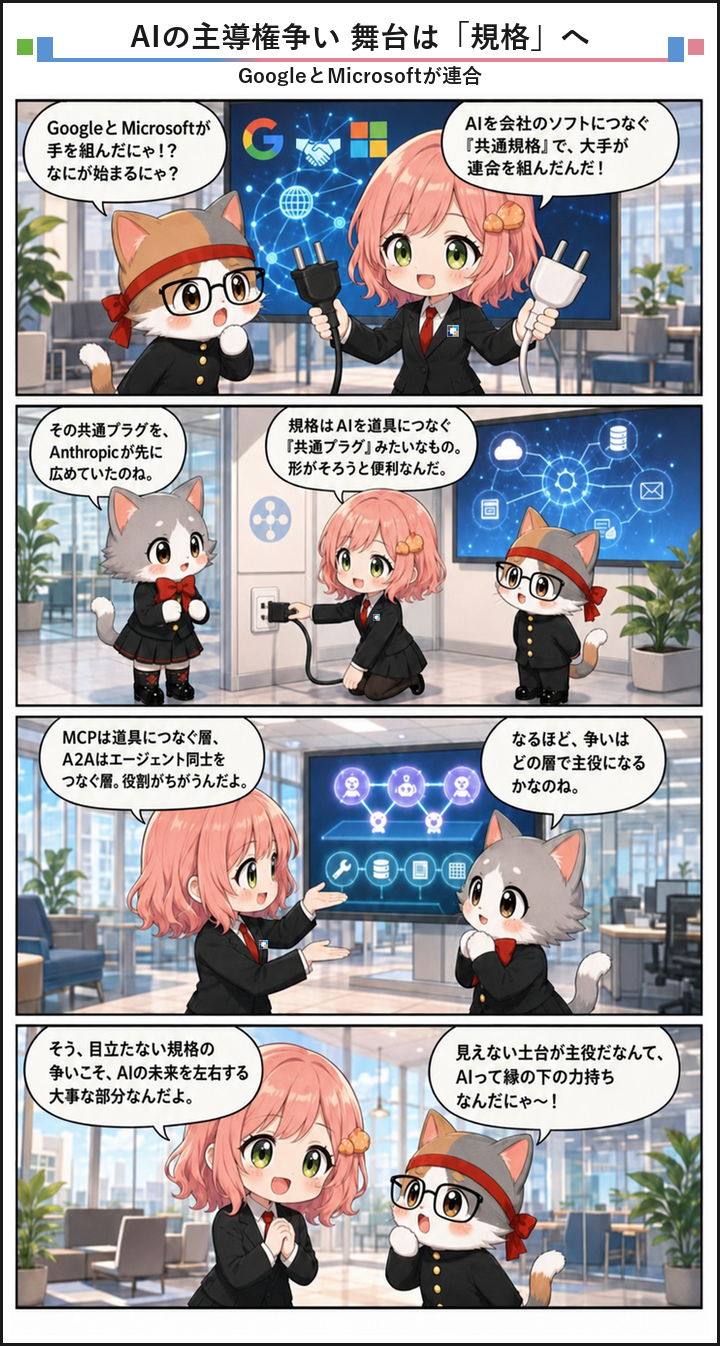 AIブログ4コマ漫画 - GoogleとMicrosoft連合、AnthropicのAI標準に対抗