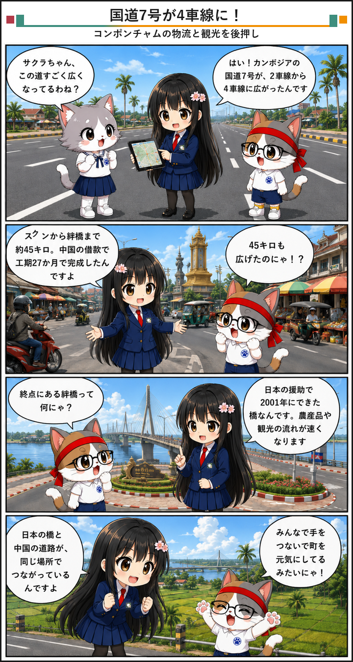 カンボジアブログ4コマ漫画 - カンボジア国道7号が4車線化、コンポンチャムの物流と観光を後押し