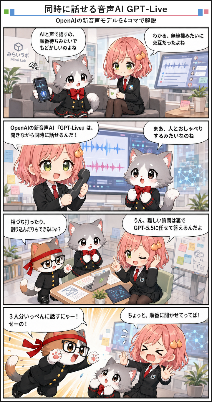 AIブログ4コマ漫画 - OpenAIが新音声AI「GPT-Live」公開、会話が同時進行に