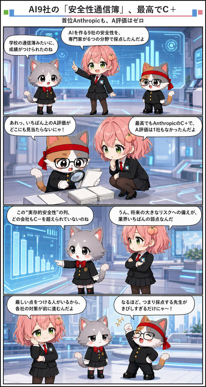 AIブログ4コマ漫画 - AI主要9社の安全性を格付け、最高評価でもC+にとどまる