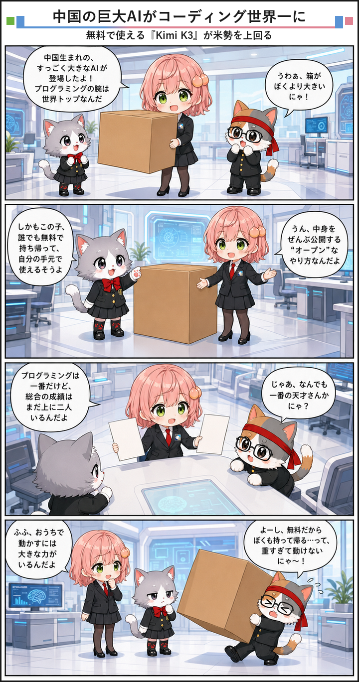 AIブログ4コマ漫画 - 中国の巨大AI『Kimi K3』、コーディングで米トップ勢を上回る
