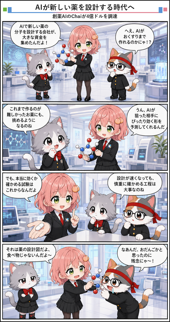 AIブログ4コマ漫画 - AIで新薬を設計するChai Discoveryが4億ドルを調達