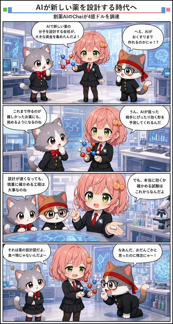 AIブログ4コマ漫画 - AIで新薬を設計するChai Discoveryが4億ドルを調達