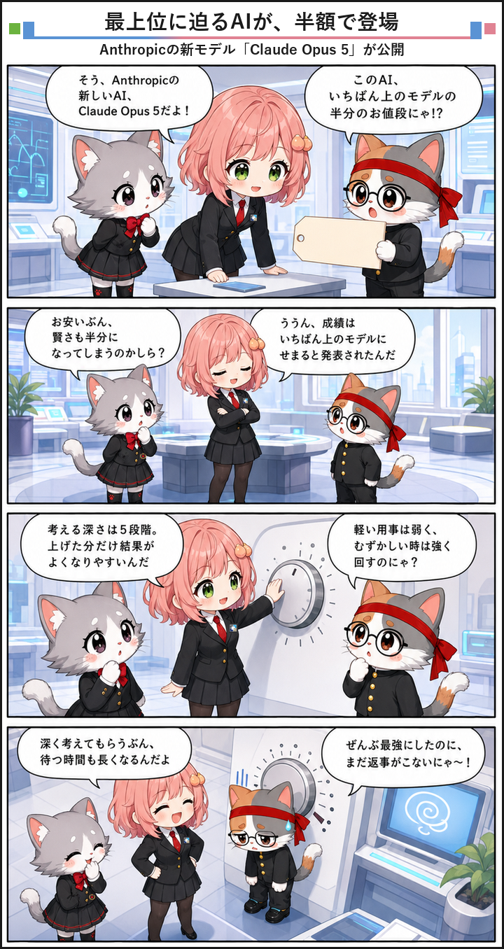 AIブログ4コマ漫画 - Claude Opus 5が公開、最上位に迫る性能を半額で提供