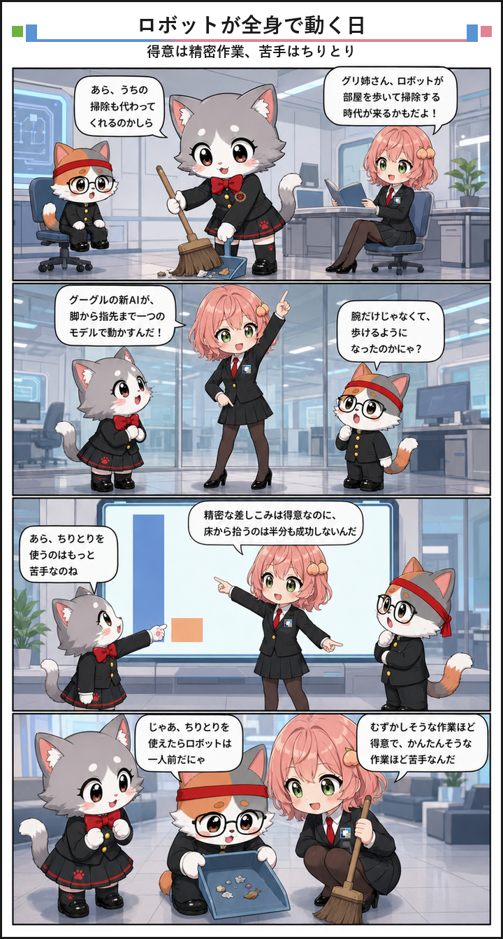 AIブログ4コマ漫画 - グーグルのロボットAIが刷新、脚から指先まで一つのモデルで動かす