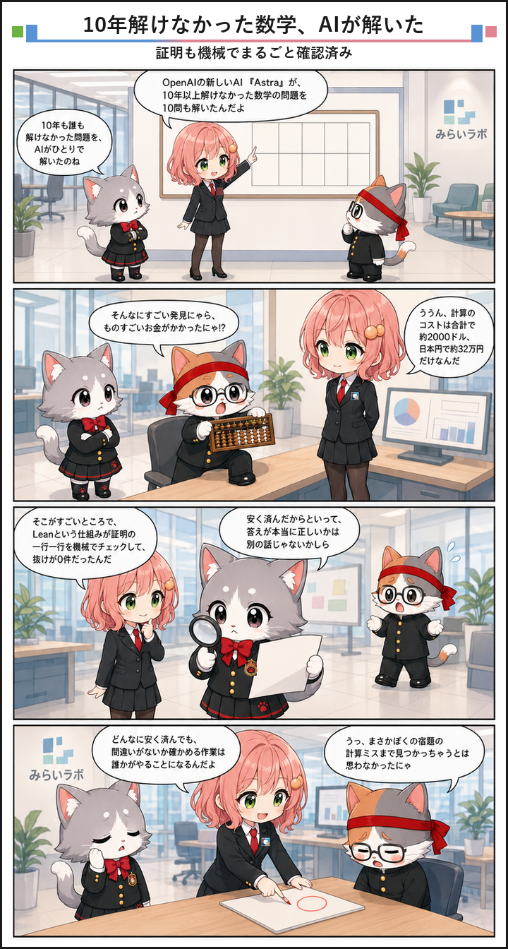 AIブログ4コマ漫画 - OpenAIの新モデルAstra、数学の難問10件を2000ドルで解明