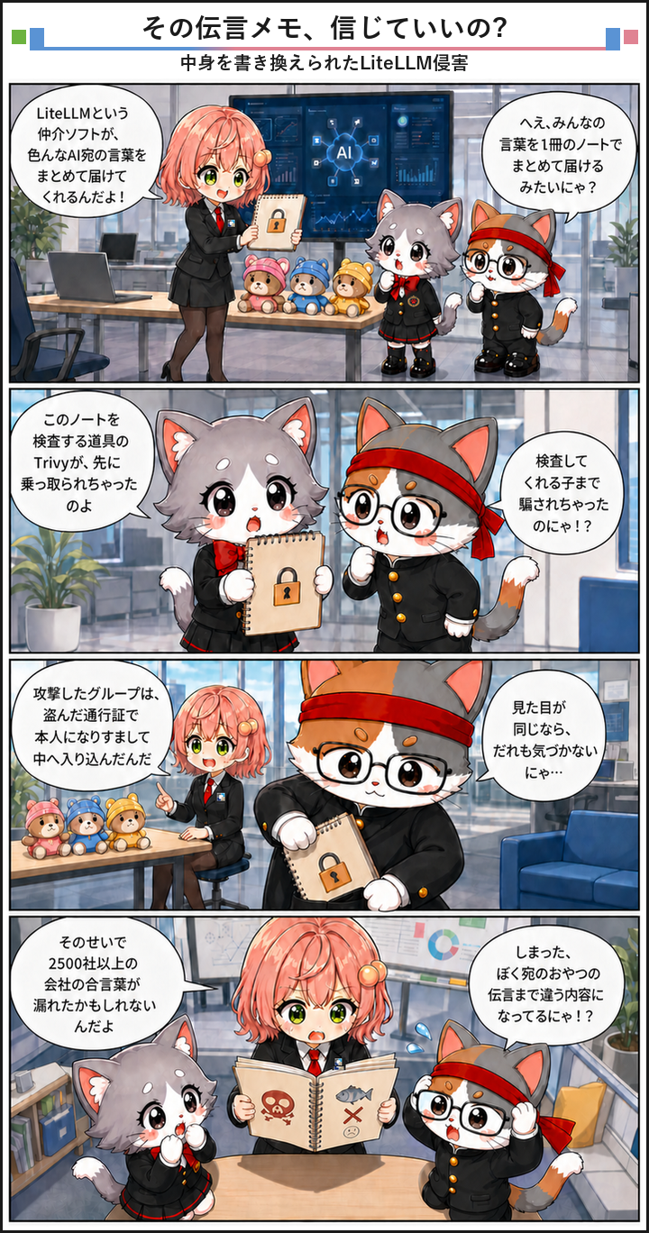 AIブログ4コマ漫画 - AI開発基盤LiteLLMが侵害され、企業の認証情報が流出
