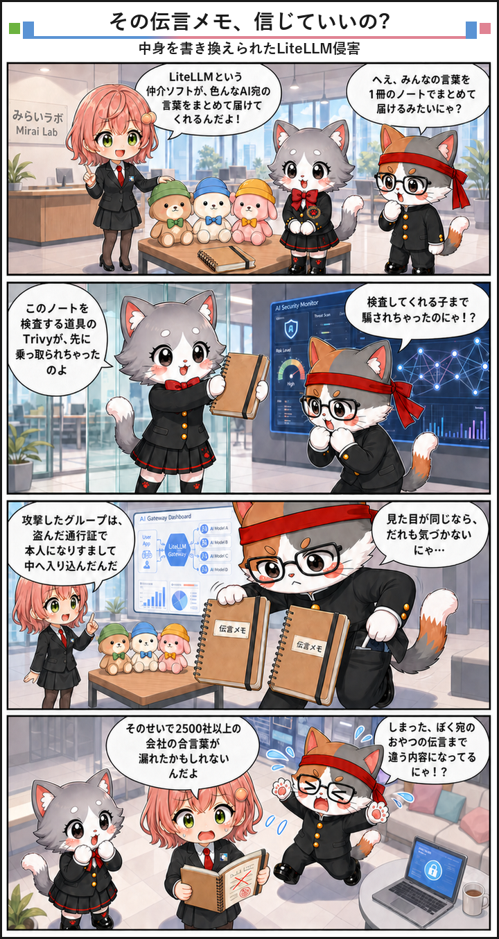 AIブログ4コマ漫画 - AI開発基盤LiteLLMが侵害され、企業の認証情報が流出