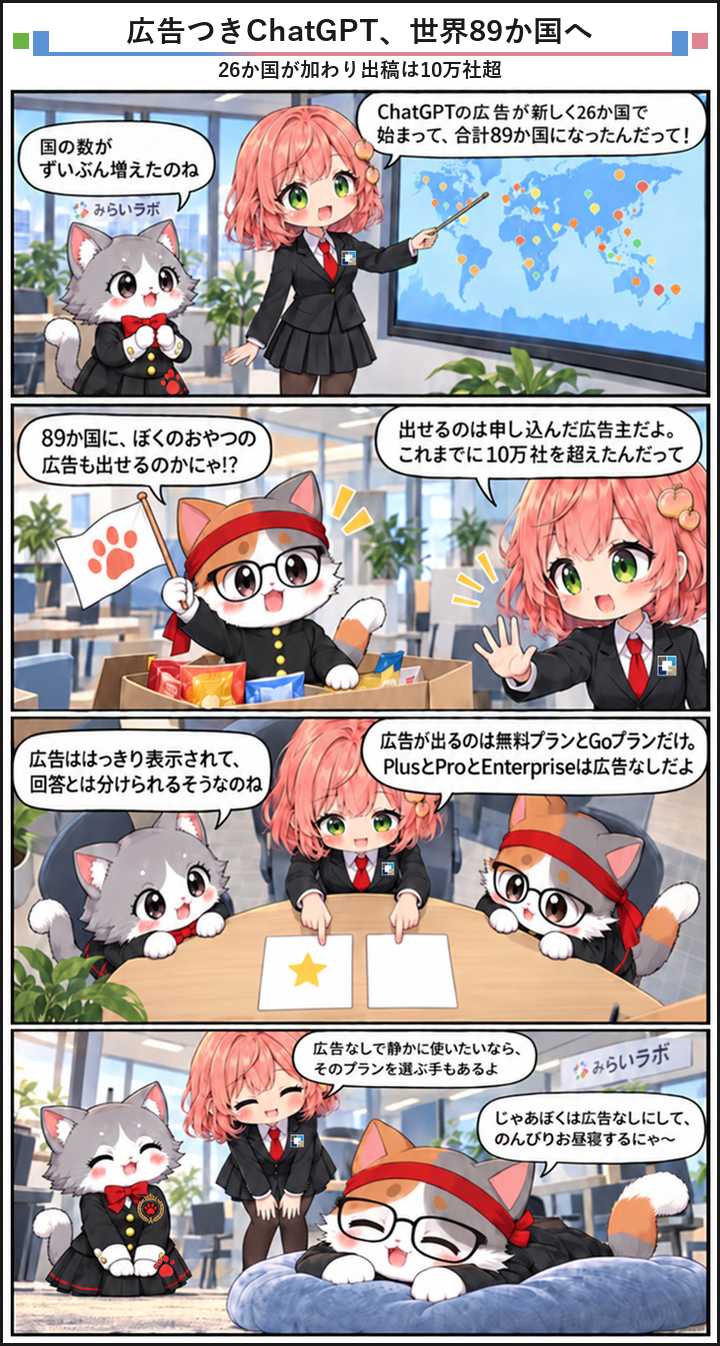 AIブログ4コマ漫画 - ChatGPT広告が89か国に拡大し広告主は10万社を突破