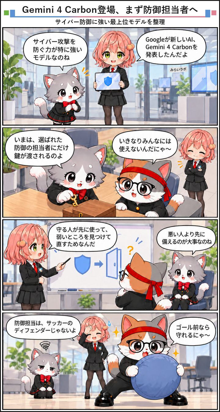 AIブログ4コマ漫画 - Gemini 4 Carbonが首位の59点、提供はまず防御担当者から