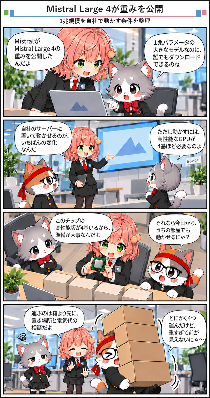 AIブログ4コマ漫画 - Mistral Large 4が重みを公開、1兆規模を自社で運用可能