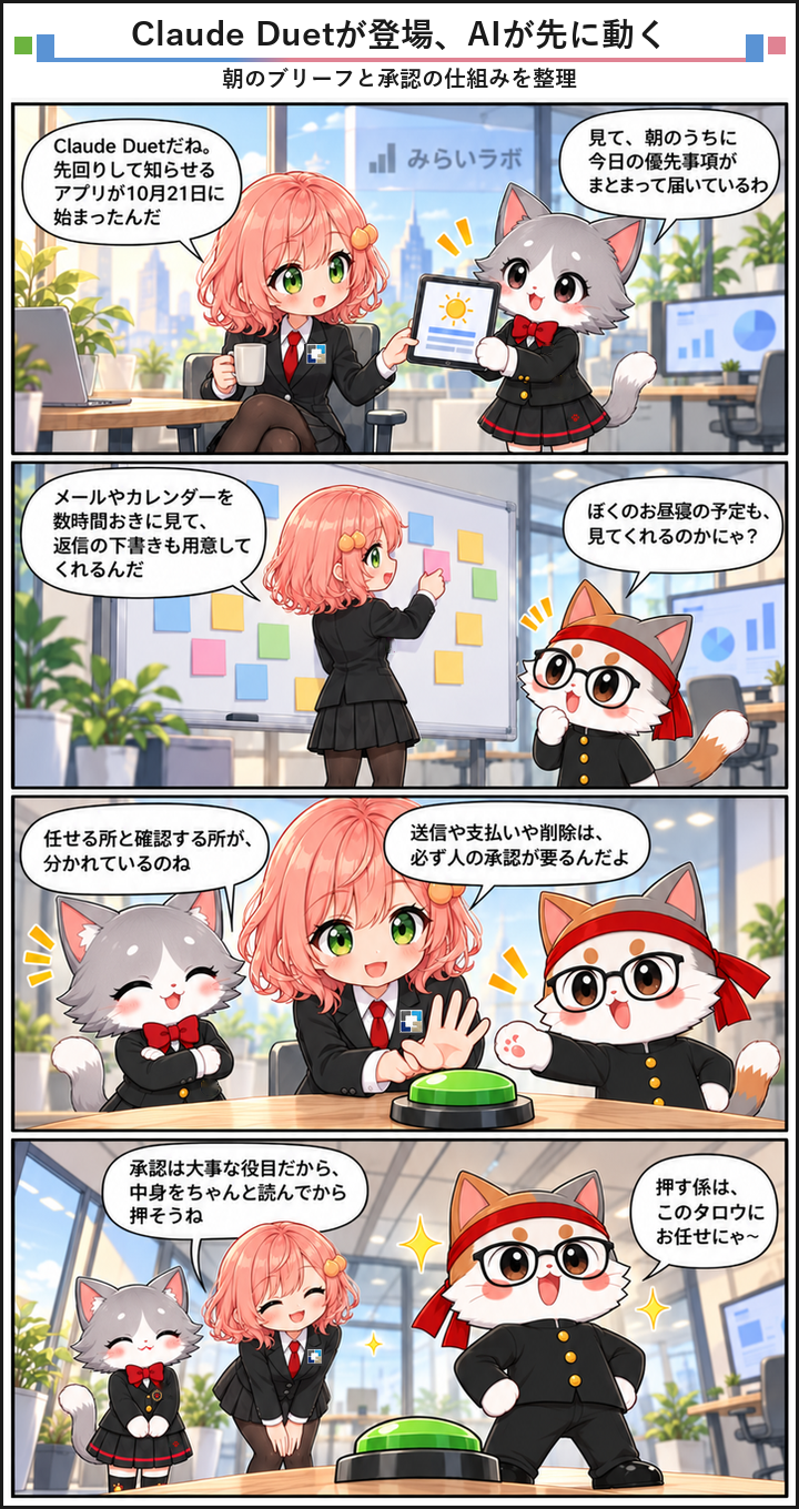 AIブログ4コマ漫画 - Claude Duetが登場、AIが先に動いて朝の仕事を整える