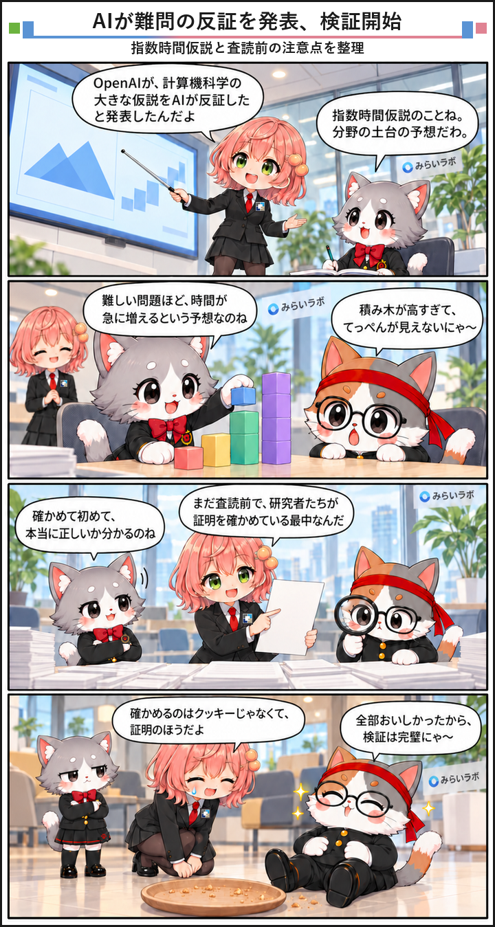 AIブログ4コマ漫画 - OpenAIが指数時間仮説の反証を発表、研究者らが検証開始